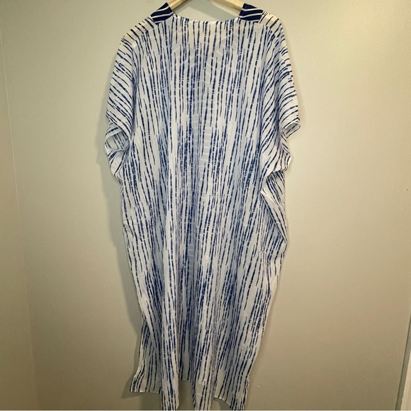 Nordstrom Rack Oversized Long Striped Slit Blue V-Neck Bat Wing Poncho Kimona - Picture 2 of 5